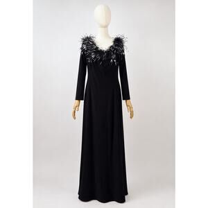 VTG 90s Cachet Black Velvet Marabou Feather Trim Evening Gown Dress Size 16